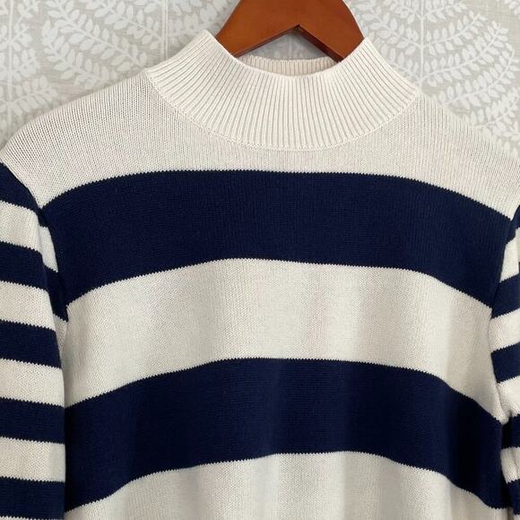 J. Crew Cotton Navy Blue/Ivory Rugby Stripe Mock Neck Long Sleeve Sweater, M - Picture 4 of 12